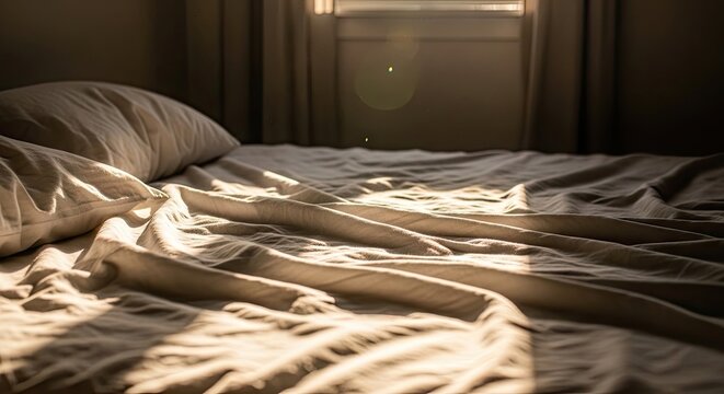 A messy bed with rumpled sheets and pillows, illuminated by sunlight from a window, with a soft focus effect.