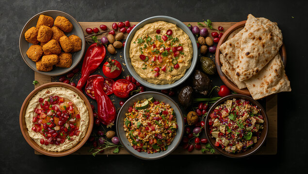 Mezze platter with hummus falafel salads middle eastern food pita bread party food appetizer spread food photography lemon juice olive oil cumin seeds appetizer delicious vegetarian