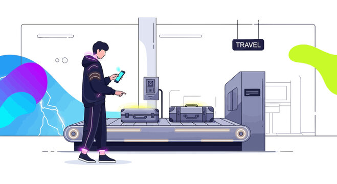 Young man checking luggage at airport security scanner, travel concept