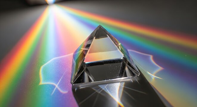 A transparent crystal prism with a rainbow spectrum of colors emanating from its apex, casting a shadow on a dark surface.