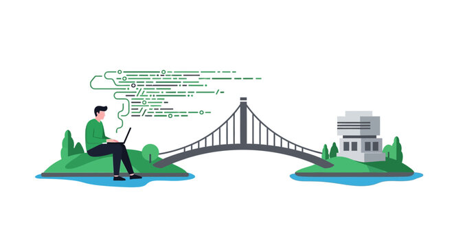 Professional Software Developer Coding on Laptop Near a Digital Bridge Connecting Systems Concept Illustration