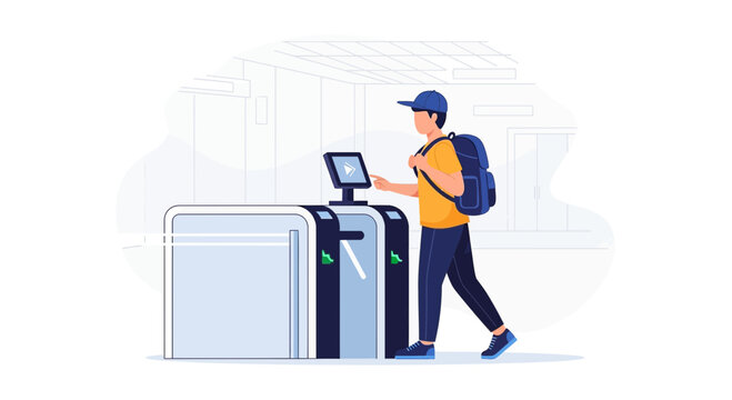 Young man with backpack passing through ticketing gate at public transport station.