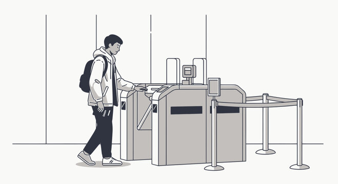 Young man with backpack using ticket gate for entry, modern travel concept