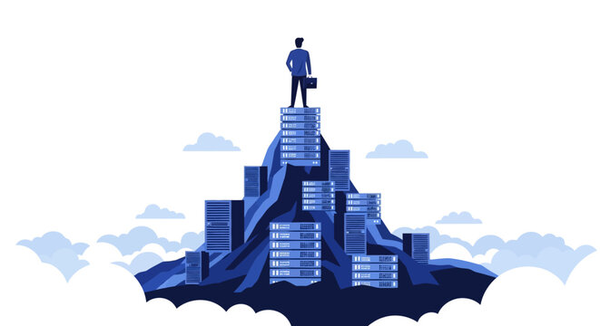 Businessman standing on top of a mountain made of server racks above the clouds, representing cloud computing success, digital leadership, and data center technology
