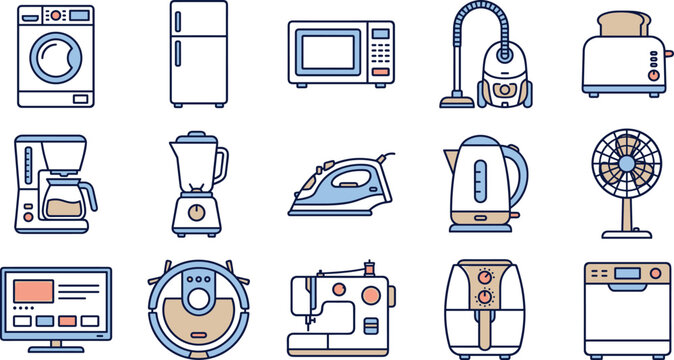 Household Appliances Icon Set with Washing Machine Refrigerator Microwave Coffee Maker and Electronic Kitchen Equipment for Smart Home Graphics Design