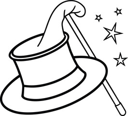 Obraz premium vector outline illustration of magician hat and magic wand for kids' coloring book.