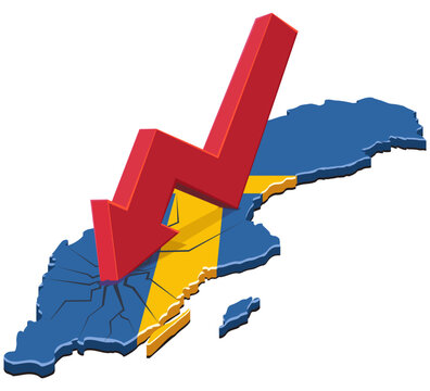 Vector artwork symbolizing economic decline, financial recession, market crash, or political crisis hitting the flag map of Sweden with a destructive downward red arrow, (cut out)