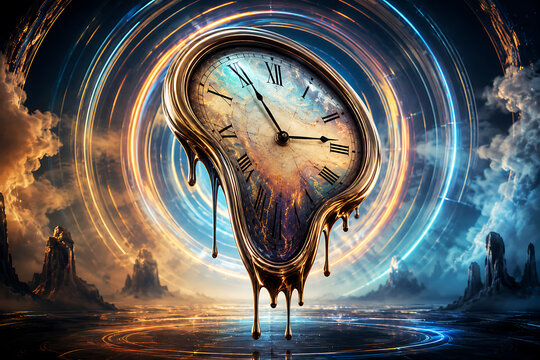 Melting clock sculpture with futuristic time vortex in surreal dystopian landscape