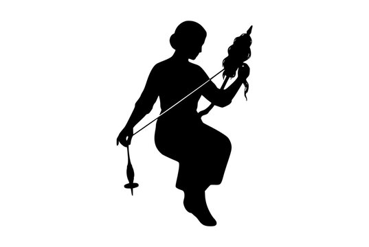 Woman spinning yarn with traditional distaff and spindle silhouette