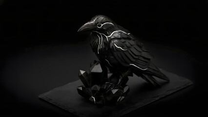 Obraz premium Elegant Black Raven Perched in Dramatic Dark Background