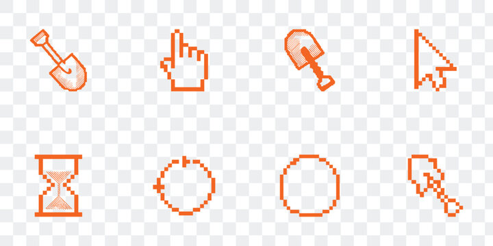 Orange Pixel Art Icon Set Retro 8-bit Digital Graphics with Shovel, Hand Cursor, Hourglass for UI UX Gaming