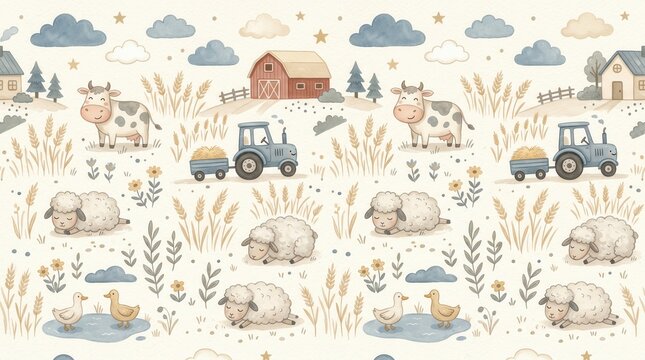 A seamless pattern shows a peaceful farm scene with happy animals, a barn, houses, and crops