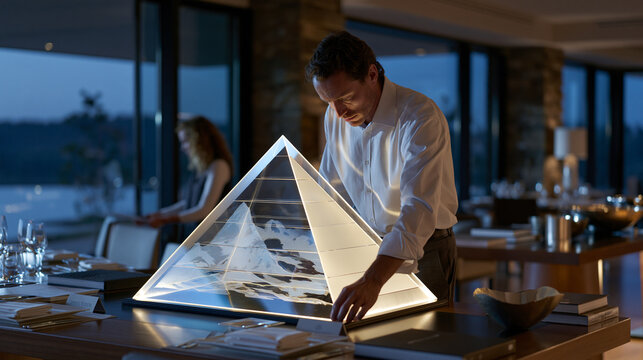 Pyramid hierarchy levels diagram etched onto frosted acrylic display board within executive development training center, backlit panel glowing in twilight blue hour atmosphere as facilitator prepare