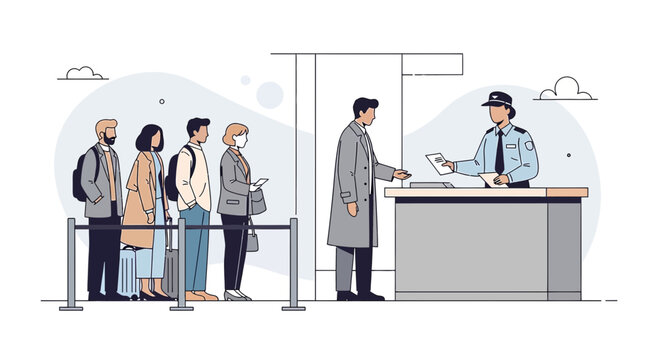 Airport Security Check Line: Travelers Waiting for Inspection and Authority Officer