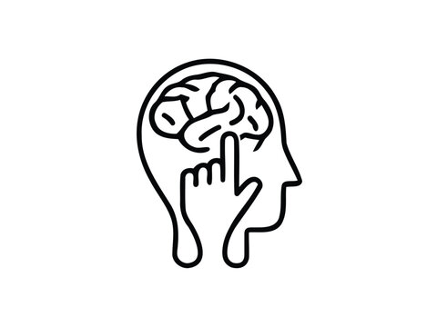 Human head profile with brain and pointing hand line icon. Minimalist flat vector illustration representing psychology, mind control, self-awareness, and cognitive thinking on white background.