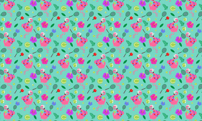 Tropical flamingo playing tennis seamless pattern with rackets, balls, and hibiscus flowers on mint green background vector © Rananja
