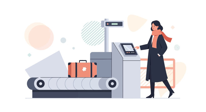 Woman checking luggage at airport security, travel security screening concept