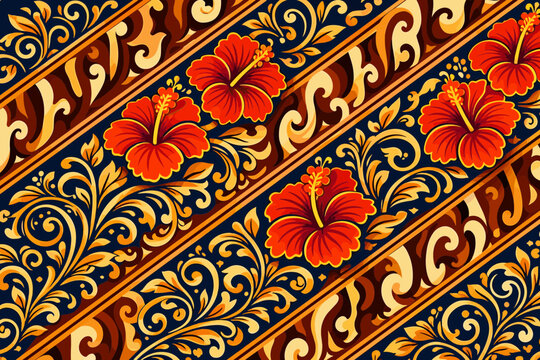 Beautiful Ethnic Batik Seamless Pattern Elegant Red Hibiscus Flower Golden Curling Vines Ornament Traditional Indonesian Parang Stripe Fabric Textile Wallpaper Graphic Illustration
