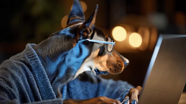 Dog in glasses types on a laptop