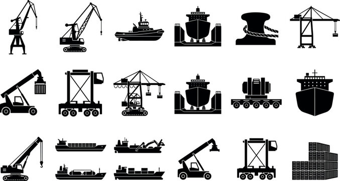Sea Port Industrial Silhouette Icon Set Featuring Cargo Ships Port Cranes and Container Handling Logistics Graphic Design ElementsSea Port Industrial Silhouette Icon Set Featuring Cargo Ships Port Cra
