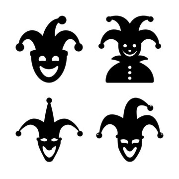 Four black jester and clown face icons - Set of four stylized black jester and clown faces in a clean, minimalist design for illustrations or icons.