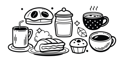 Fototapeta premium Breakfast Items Doodle Illustration Black And White Line Art