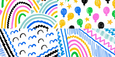 colorful childlike pattern with rainbows balloons and stars © Mamata