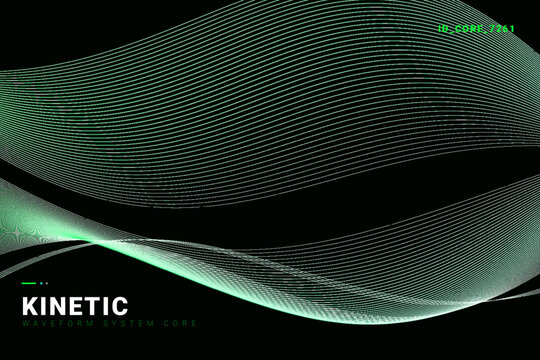 Abstract futuristic background with glowing green kinetic wave lines and dynamic wireframe flow vector