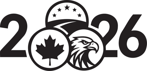 Fototapeta premium Professional vector illustration of the year 2026 featuring a bald eagle a maple leaf and stars in black white colors