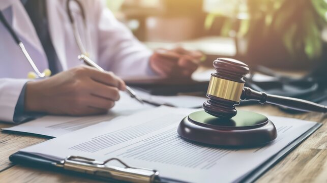 Doctor signing a legal document with a gavel in the foreground, representing medical malpractice or legal issues.