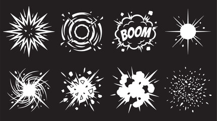 Set of diverse comic book style explosion vector graphic elements featuring sharp white shapes isolated on a solid black background © Monivara Creations
