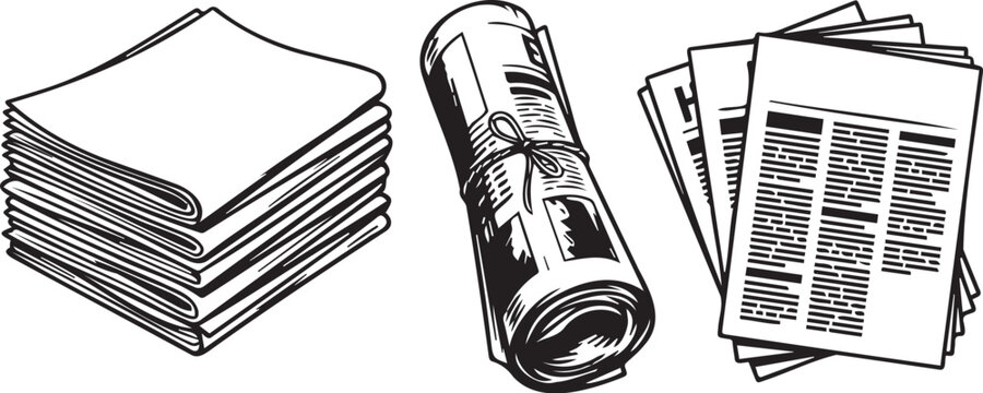 Professional black and white vector graphic illustration depicting stacks of folded newspapers and a single rolled newspaper tied with string