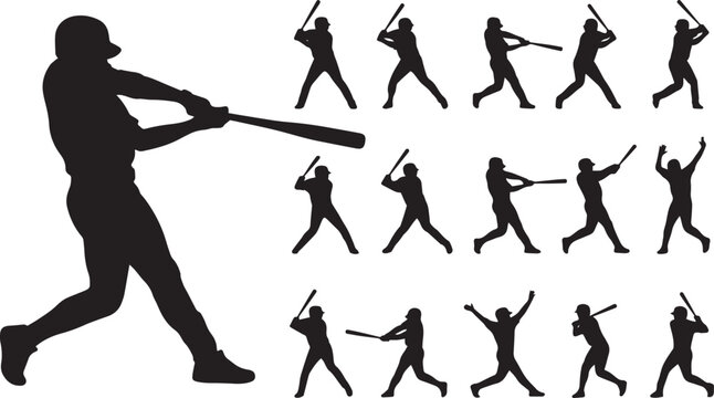 Baseball player silhouette vector icons collection isolated on white background set with batter swinging bat sports graphic design elements collection