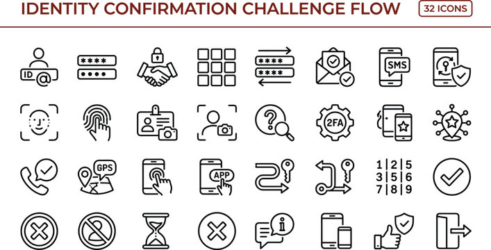 Minimal vector icon set of identity confirmation challenge flow authentication verification security and access approval symbols
