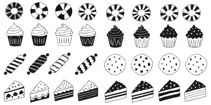 Black And White Dessert Pattern Featuring Candies Cakes And Cookies