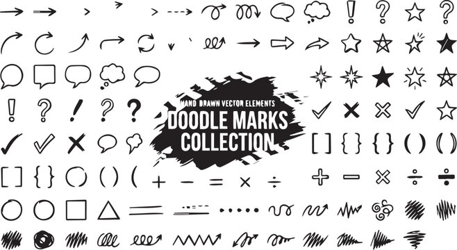 Comprehensive set of hand drawn vector doodle marks featuring arrows stars speech bubbles and various geometric shapes for creative design
