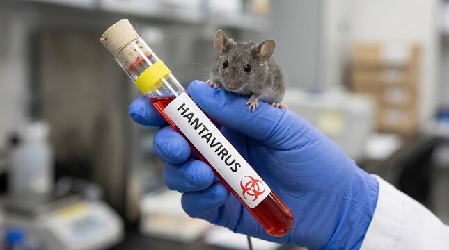 Close-up of a small hamster in a blue glove holding a test tube with red liquid in laboratory setting