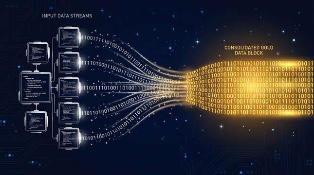 Data streams from digital devicesconverging into a golden chip graphic with binary code Electronic components and data streams against a dark background