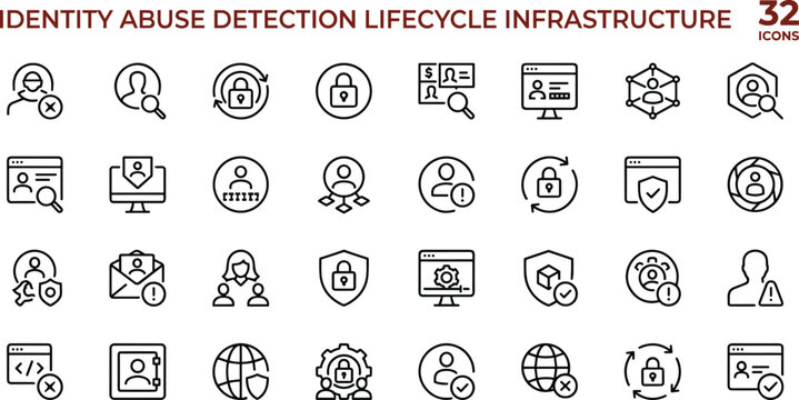 Minimal vector icon set of identity abuse detection lifecycle infrastructure security monitoring and access management symbols in flat outline design