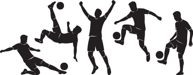 Dynamic black vector illustration set of soccer players performing various athletic actions like kicking dribbling and celebrating professional game goals © Monivara Creations