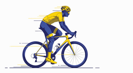 Naklejka premium A cyclist wearing a yellow and blue uniform rides a bicycle with motion lines, against a clean white background, conveying a sense of speed and motion.