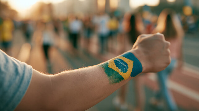 A person raises a clenched fist with the Brazilian flag painted on their arm during a public outdoor event in the city