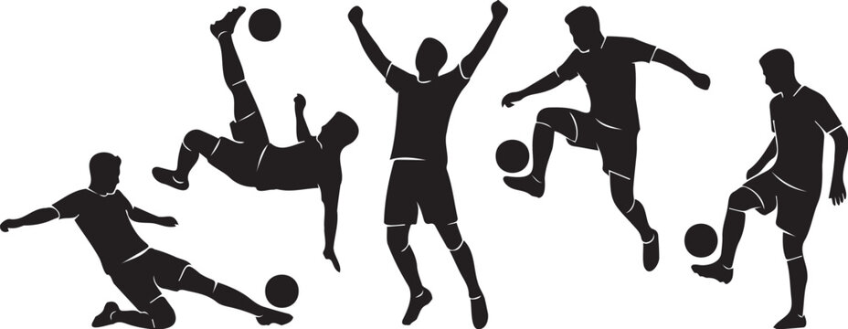 Dynamic black vector illustration set of soccer players performing various athletic actions like kicking dribbling and celebrating professional game goals