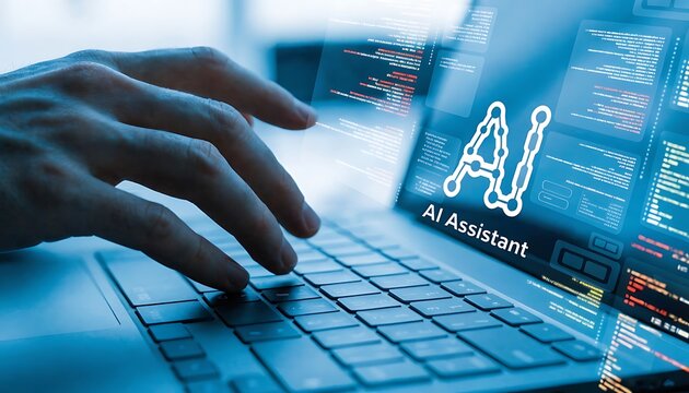 AI coding assistant for software development concept. Programmer use laptop with code and AI brain represent artificial intelligence, AI programming, machine learning code.