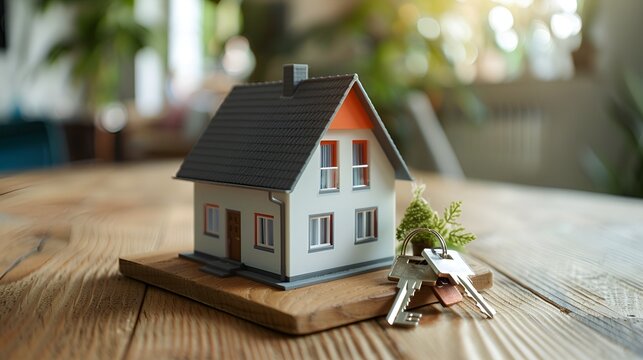 Miniature toy house model with silver door keys on a rustic wooden table for real estate mortgage, home buying, selling, or property insurance.