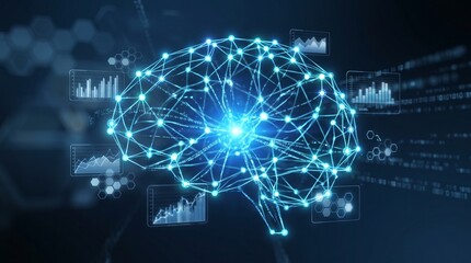 Fototapeta premium Glowing digital human brain with neural network connections on a dark background