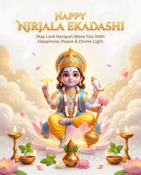 Happy nirjala ekadashi greeting card with lord vishnu sitting on lotus flower