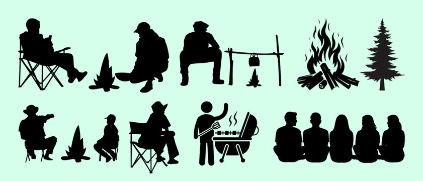 Camping and outdoor recreation silhouettes vector set. Group of people relaxing aroung a campfire.