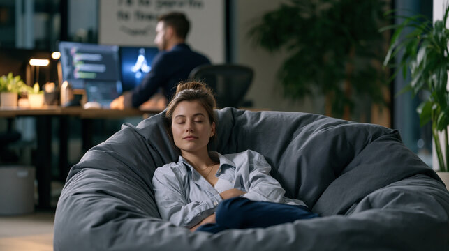 Young founder collapsed asleep on a beanbag in a tiny office while her business partner still codes at a standing desk behind her, a motivational whiteboard message half-erased, the imbalance of res