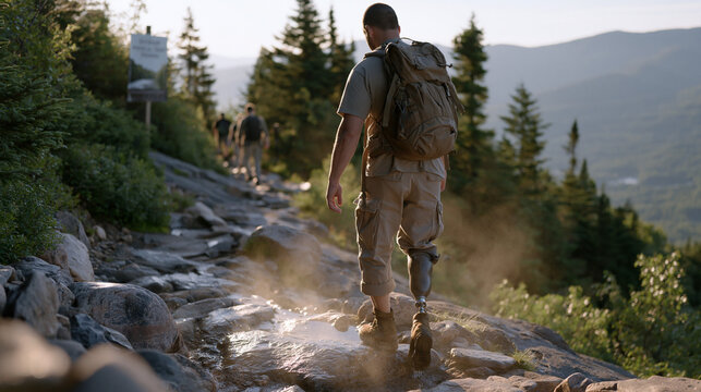 Veteran hiking steep mountain switchback trail at sunrise, prosthetic leg visible below rolled cargo pants, moisture rising from rain soaked trail stones, other rehabilitation group participants vis